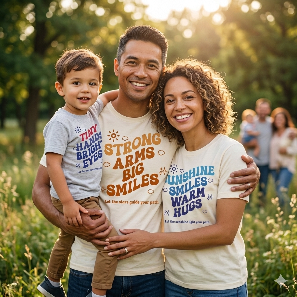 Family of three with matching t-shirts in a park setting