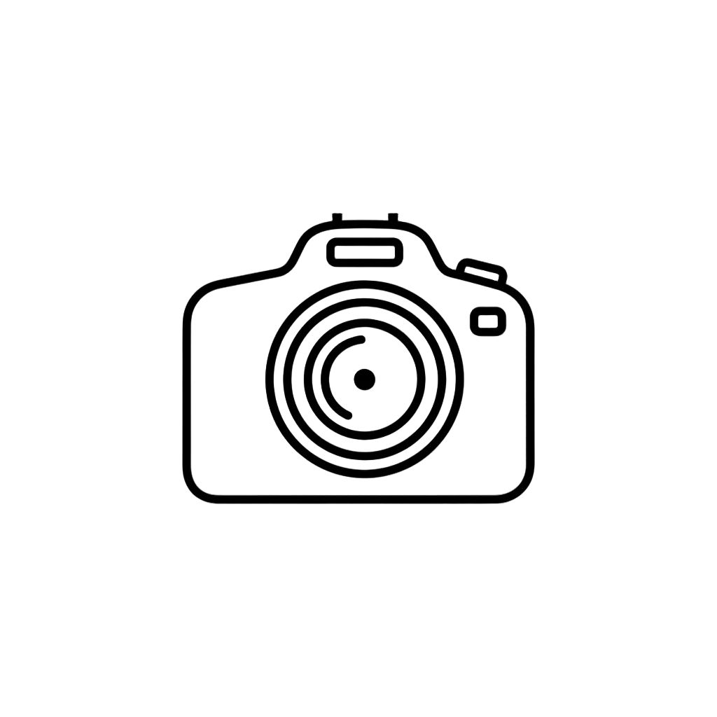 Black line drawing of a camera on a white background